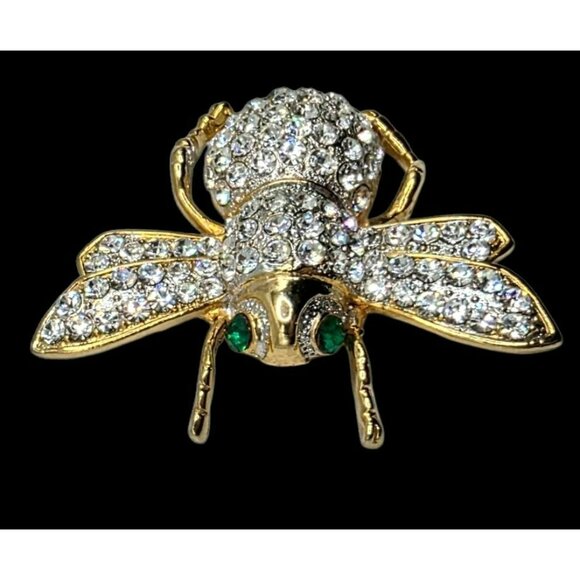 Vintage Rhinestone Bee Brooch Pin Green Eyes Gold Tone Insect Bug Honeybee 2" - Picture 4 of 11